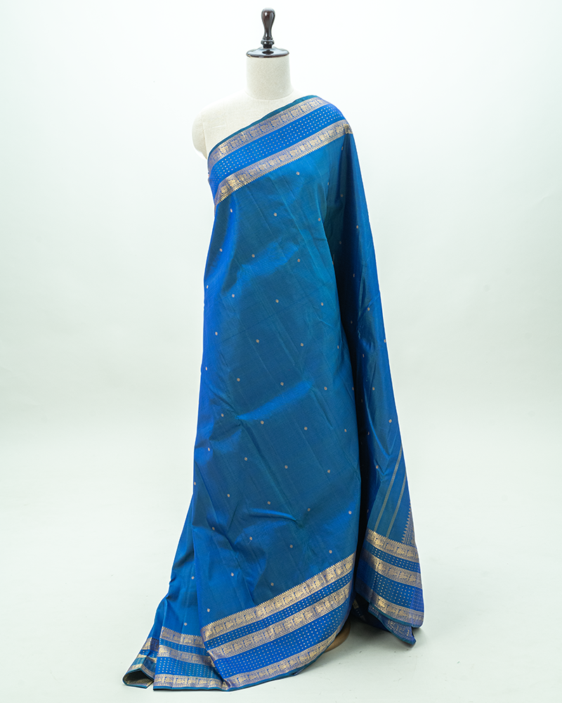 Bluish green dual shade Kanjivaram silk saree
