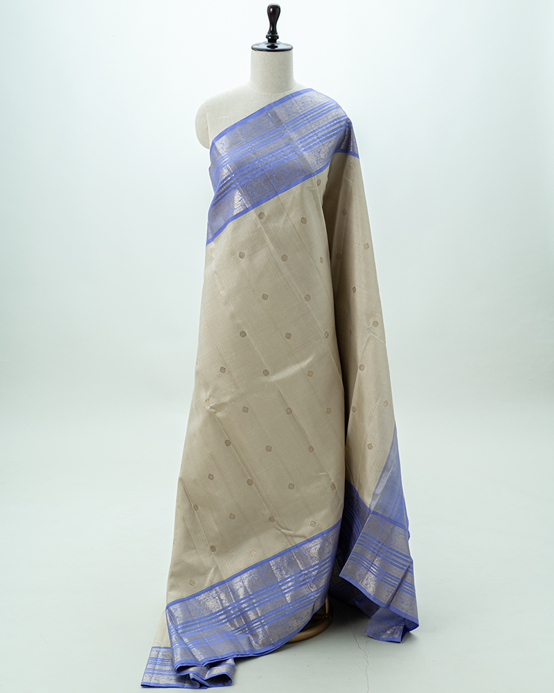 Cream blue Kanivaram silk Saree