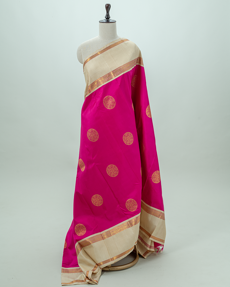 Hot pink biege Kanjivaram Silk saree