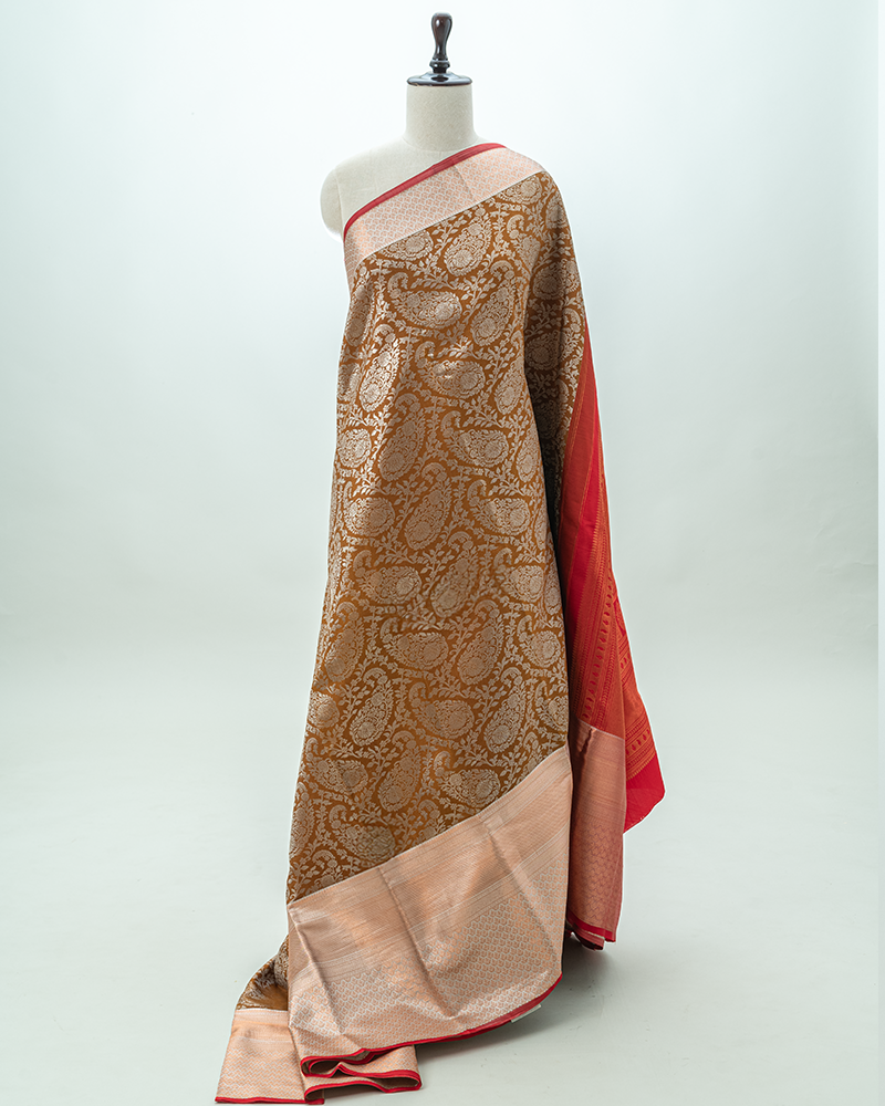 shimmering Copper-Brown kanjivaram saree