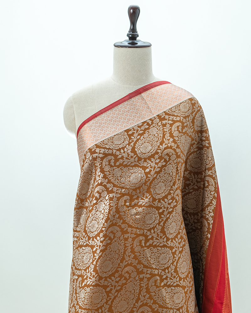 shimmering Copper-Brown kanjivaram saree