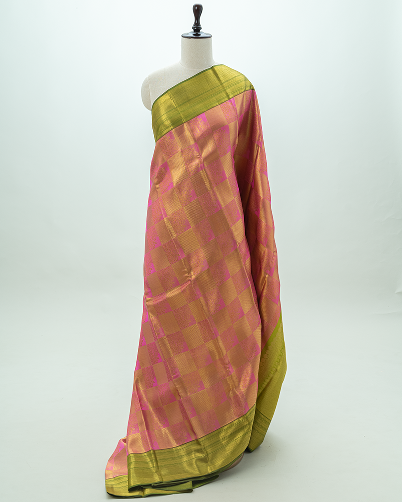 Bright Rose Pink Tissue Kanivaram Silk Saree