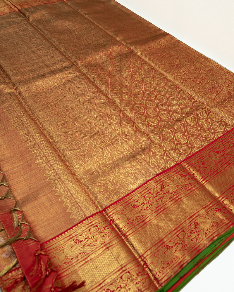 Copper Tissue Pure Kanjivaram Silk Saree - Image 7