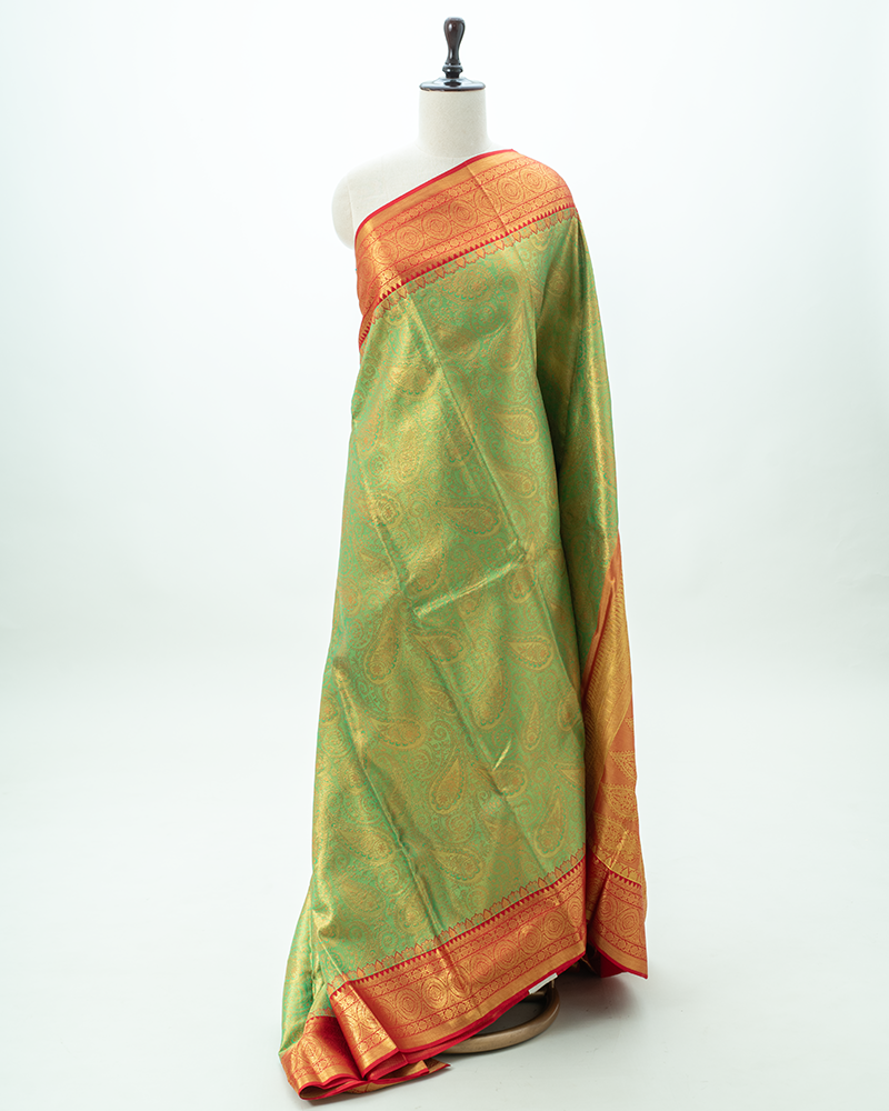 Parrot green red gold zari border Kanjivaram silk sareen