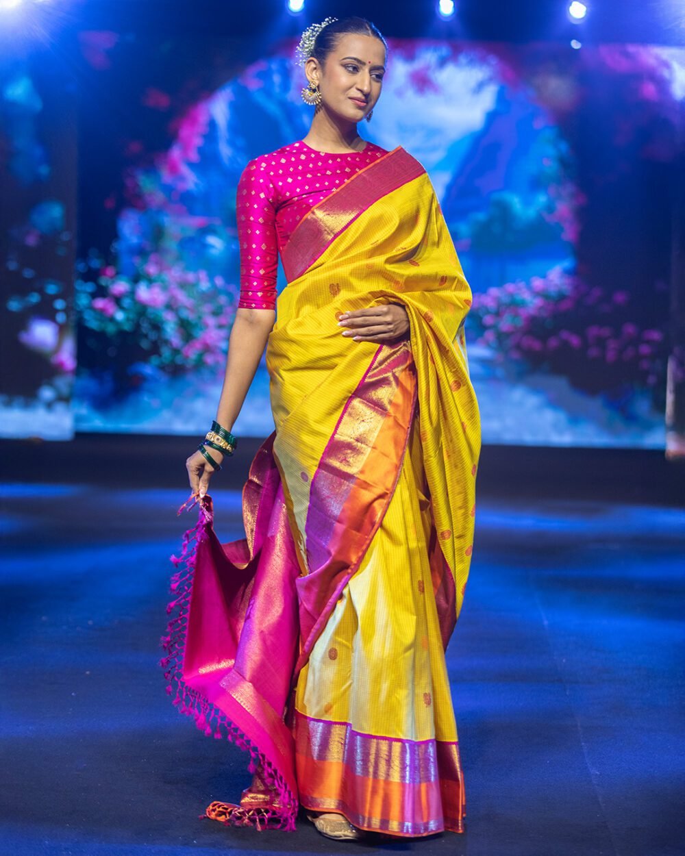 Bright Yellow Kattam Kanjivaram Silk Saree