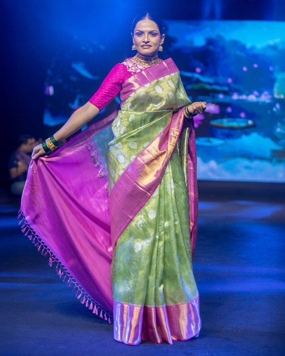 Green Pink border Kanjivaram Silk Saree