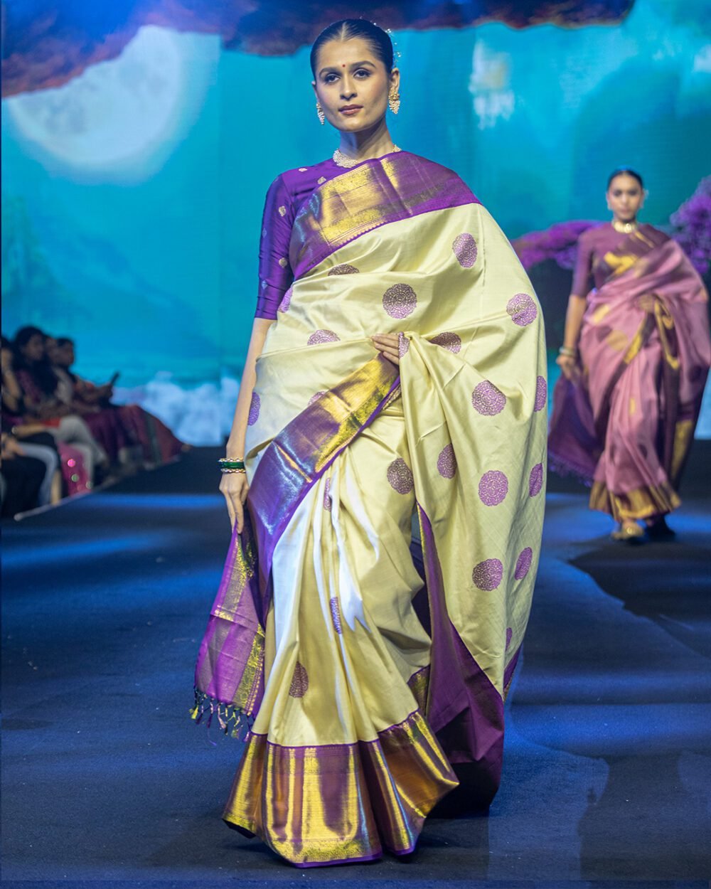 Cream & Purple Chakra buttas Kanjivaram Silk Saree