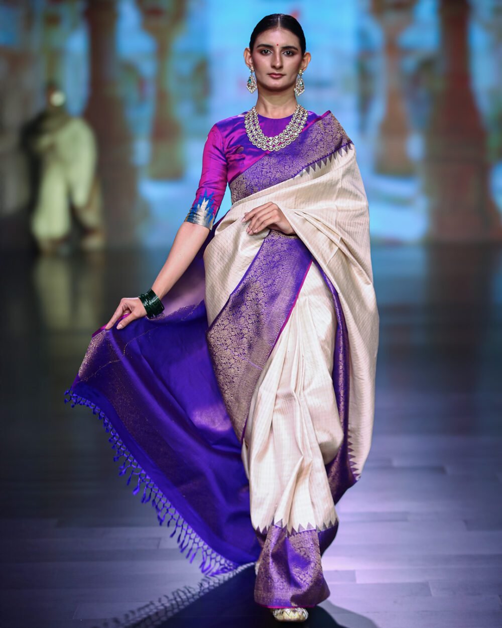Cream & Royal Purple Kanjivaram Silk Saree