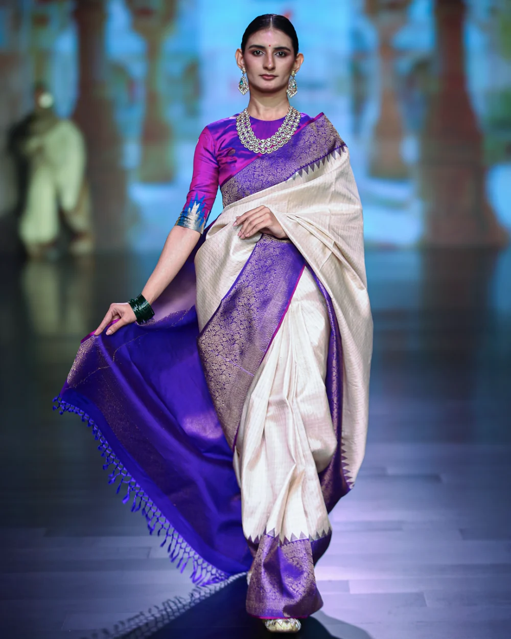 Cream & Royal Purple Kanjivaram Silk Saree