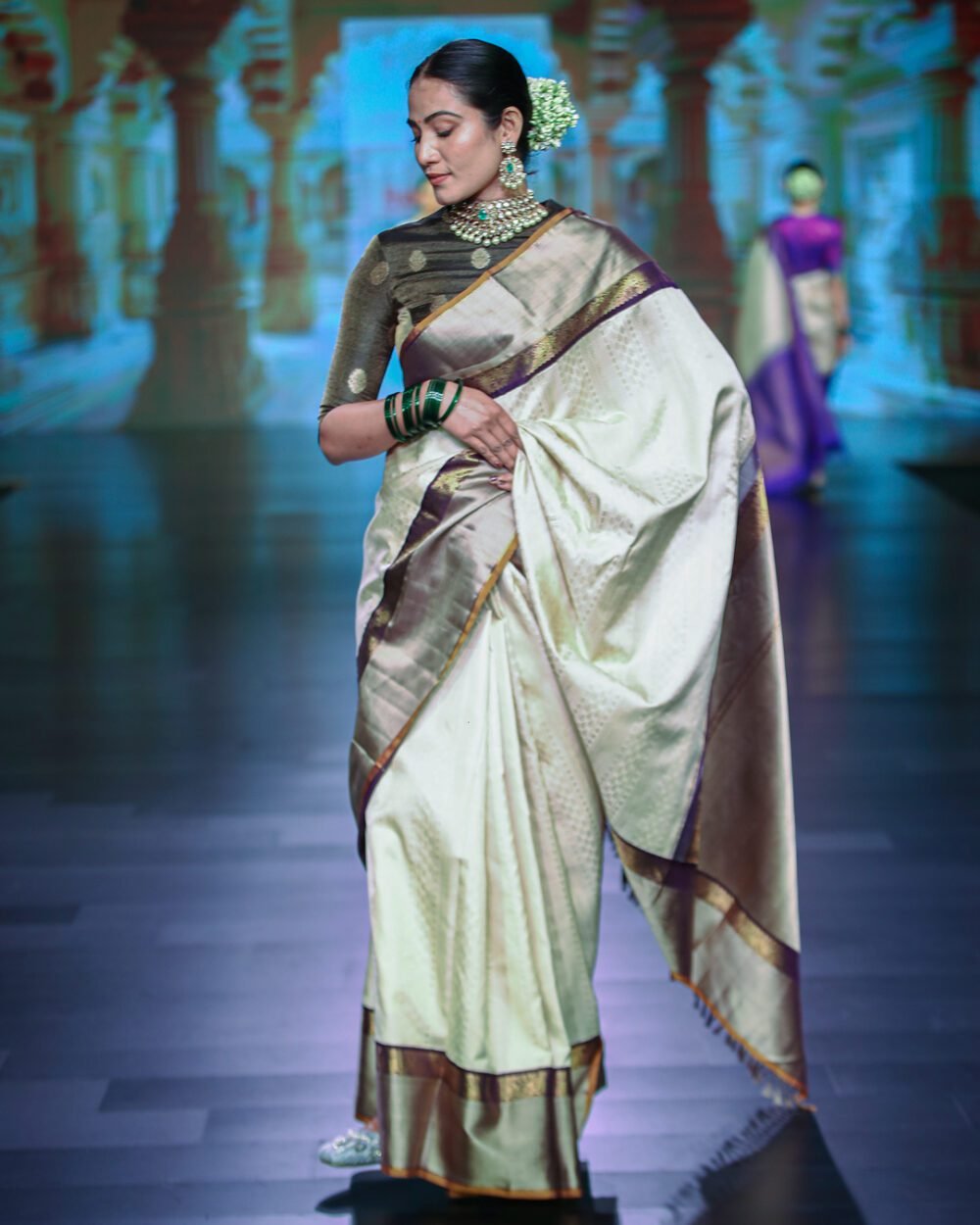 Ivory & Black Kanjivaram Silk Saree