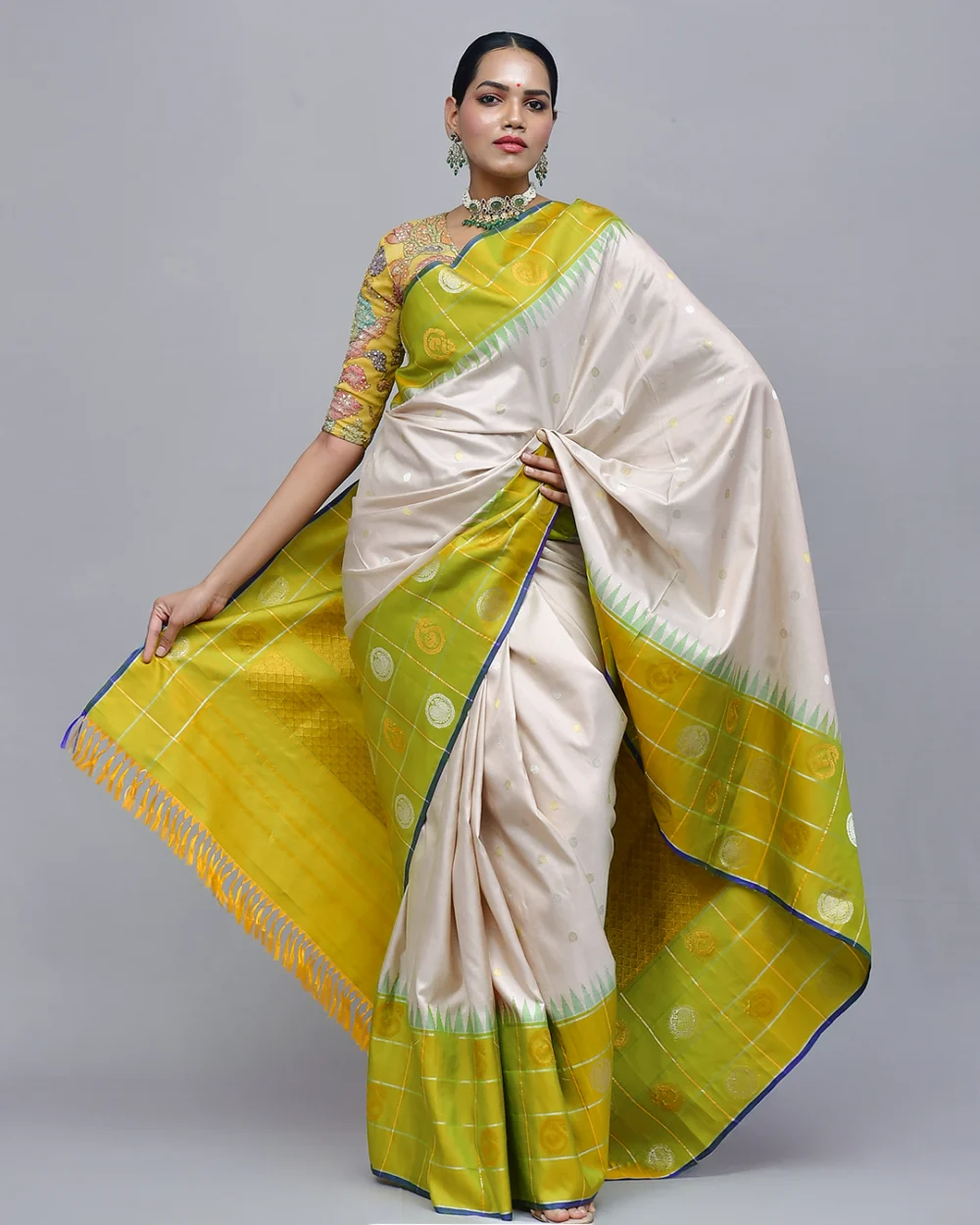 Off White & Lime Green Gadwal Silk Saree