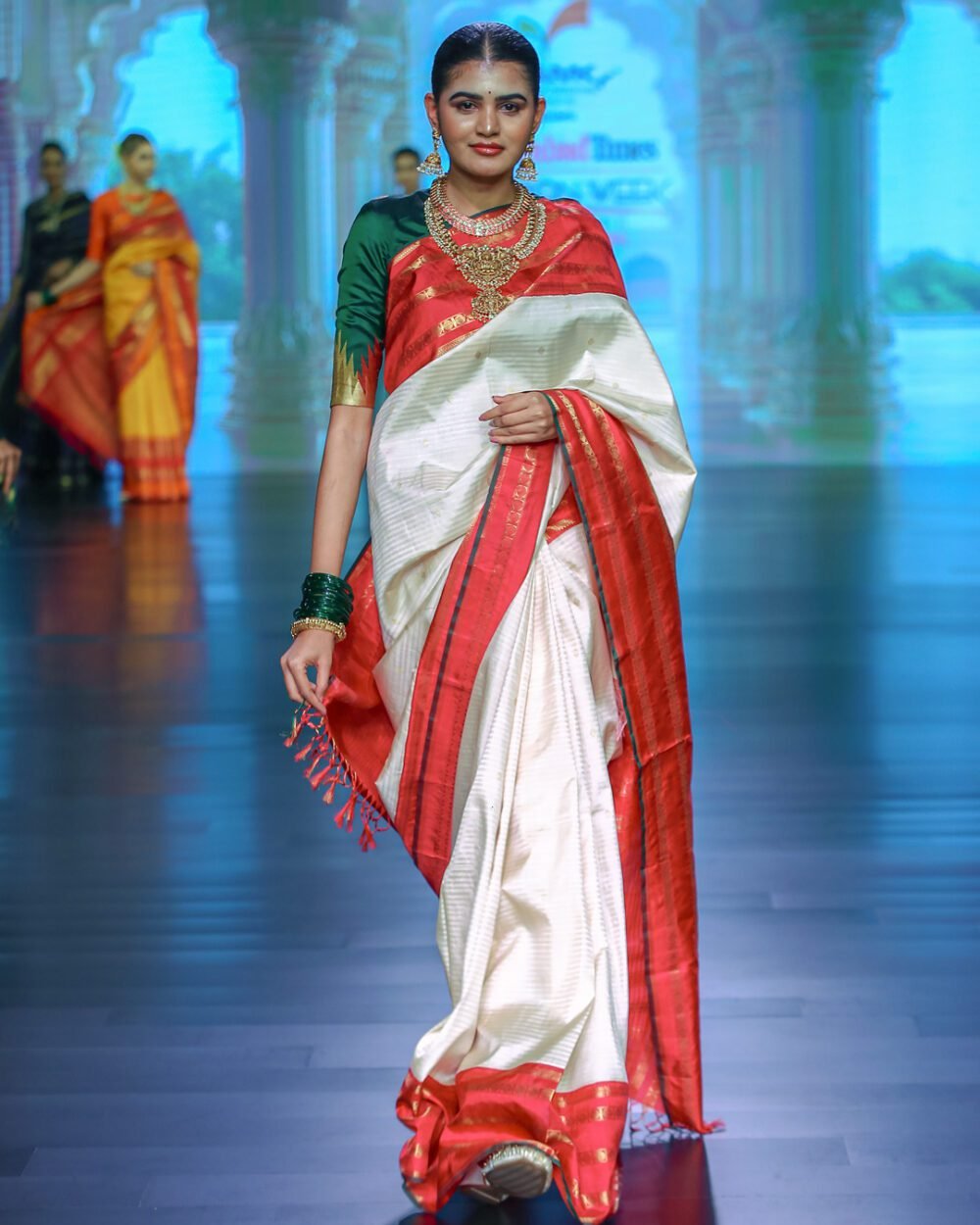 Ivory & Red Kanjivaram Silk Saree