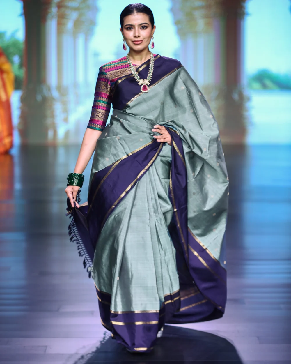 Teal Grey Kanjivaram Silk Saree