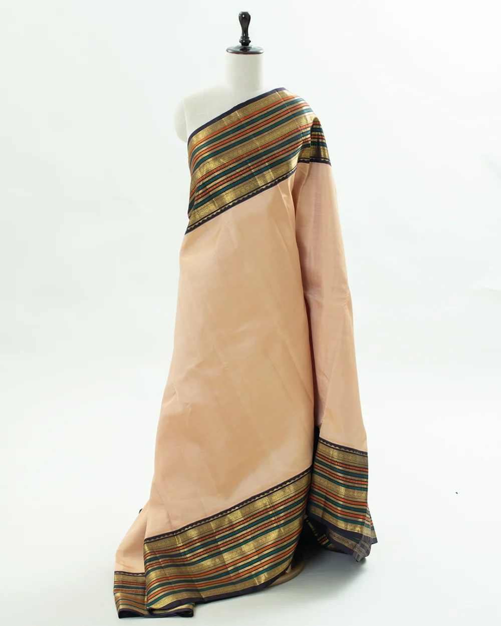 Cream Korvai Kanjivaram Silk Saree with Multicolour Rettai Pattu Zari Border