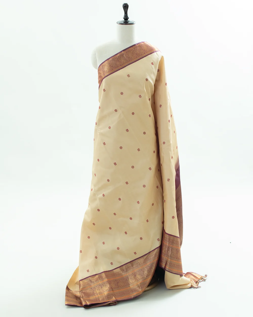 Cream & Maroon Kanjivaram Silk Saree