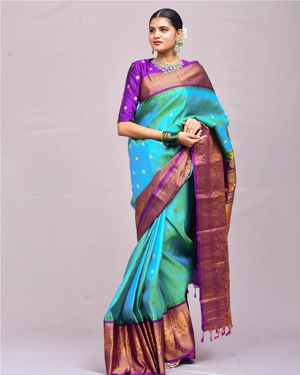 Teal Green Gadwal Silk Saree