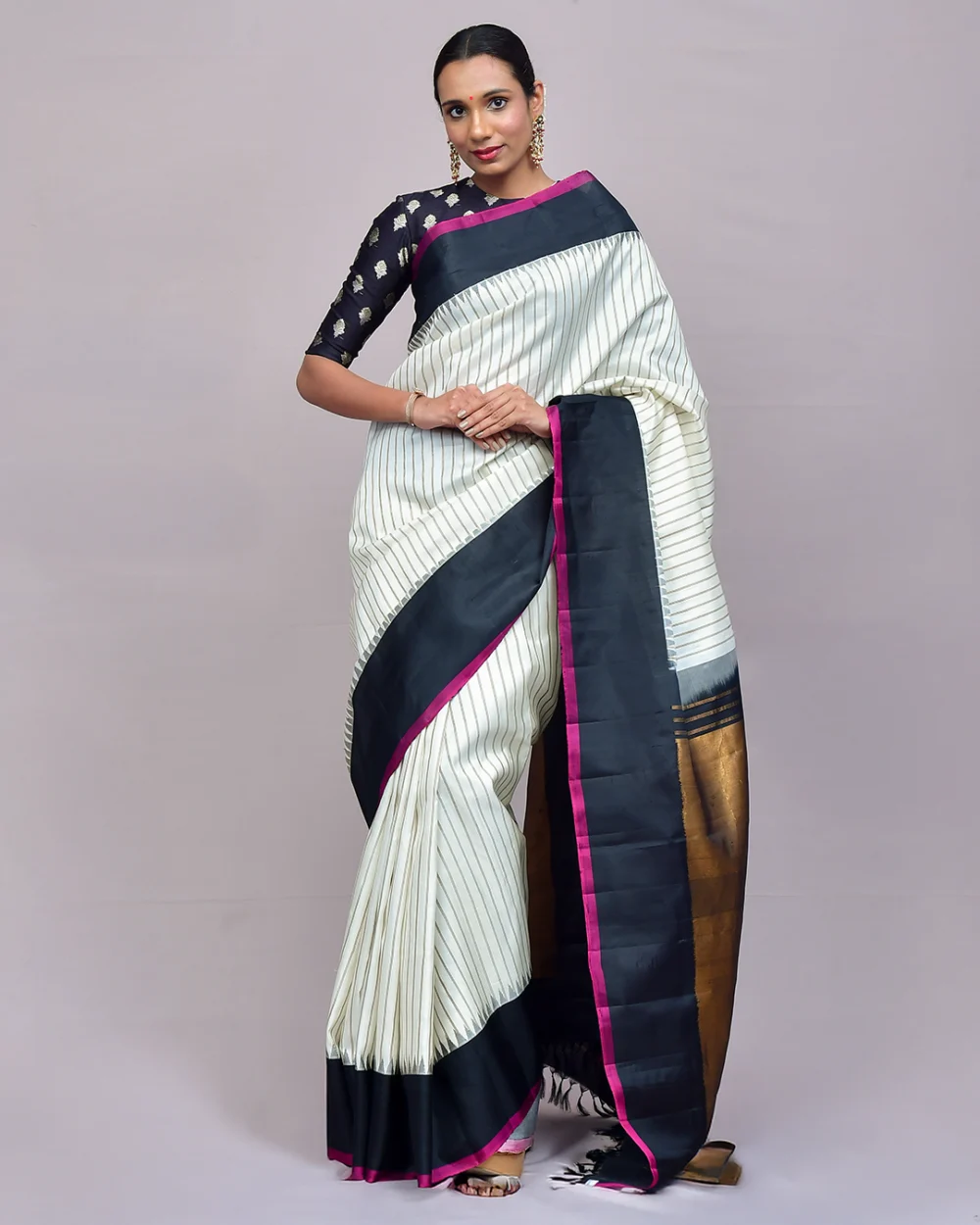 Off-White Striped Gadwal Silk Saree