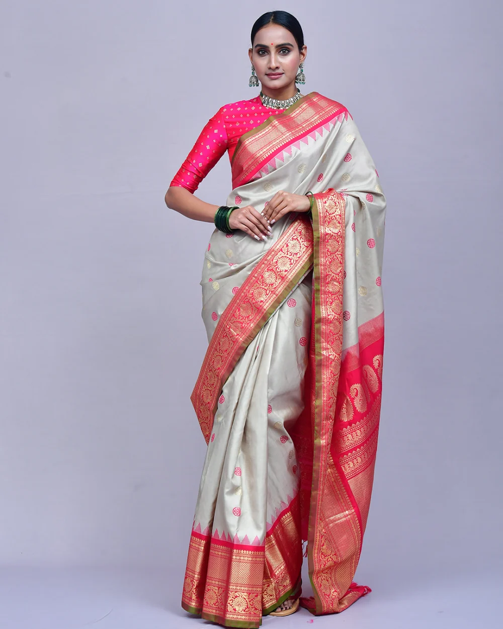 Off white & Pink Gadwal Silk Saree