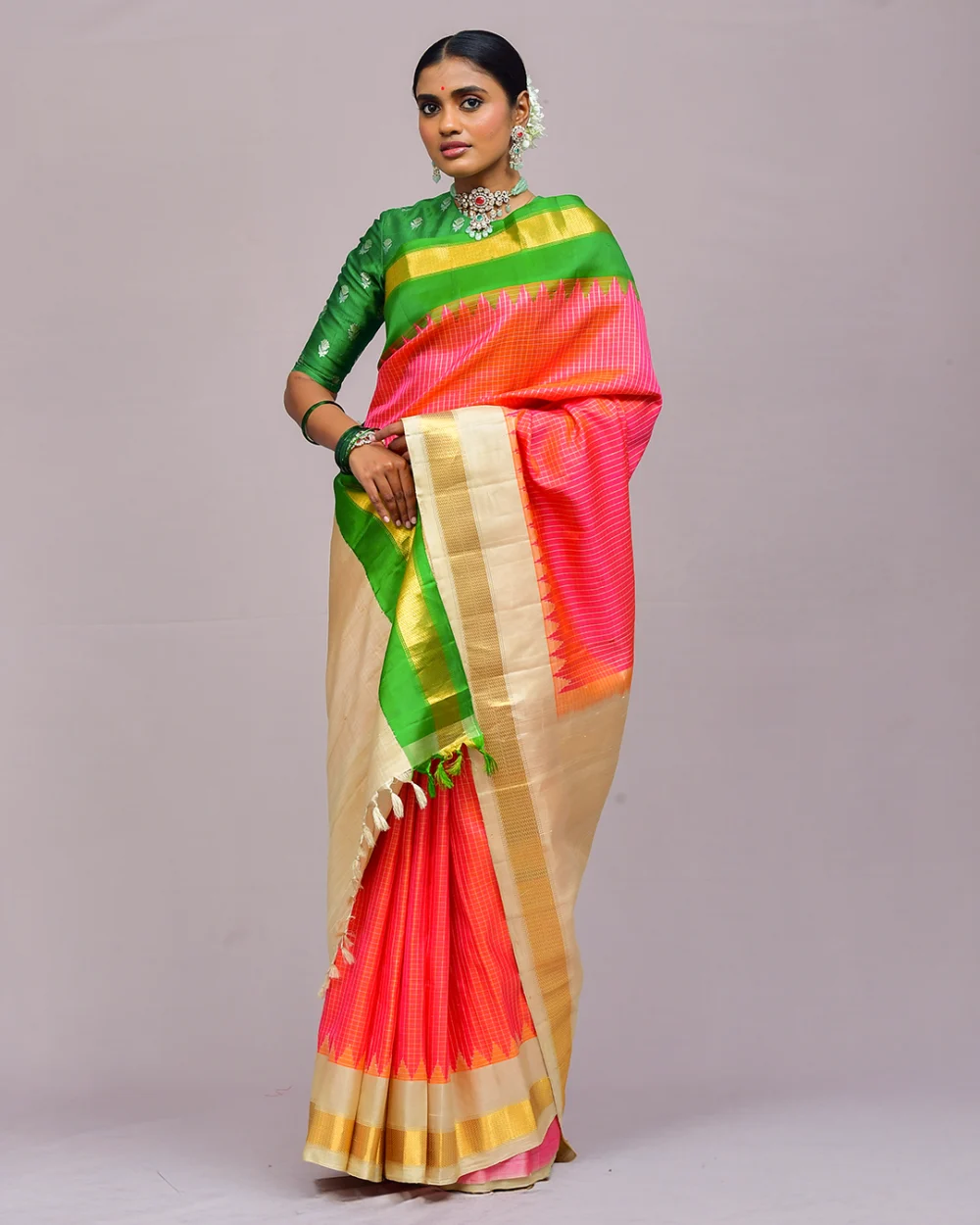 Pink and Green Gadwal Silk Saree