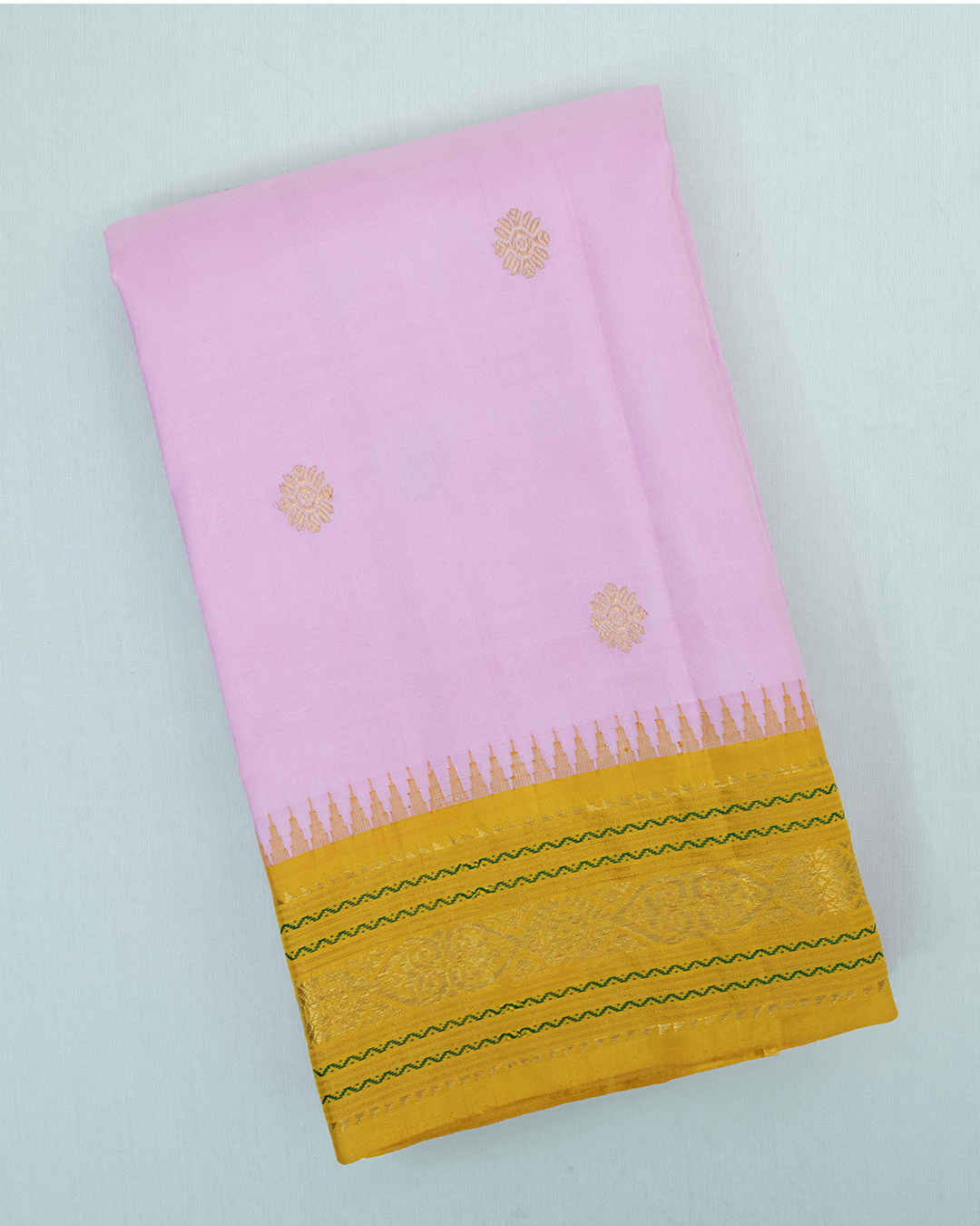 Baby Pink Ganga Jamuna border Kanjivaram Silk Saree - Image 4