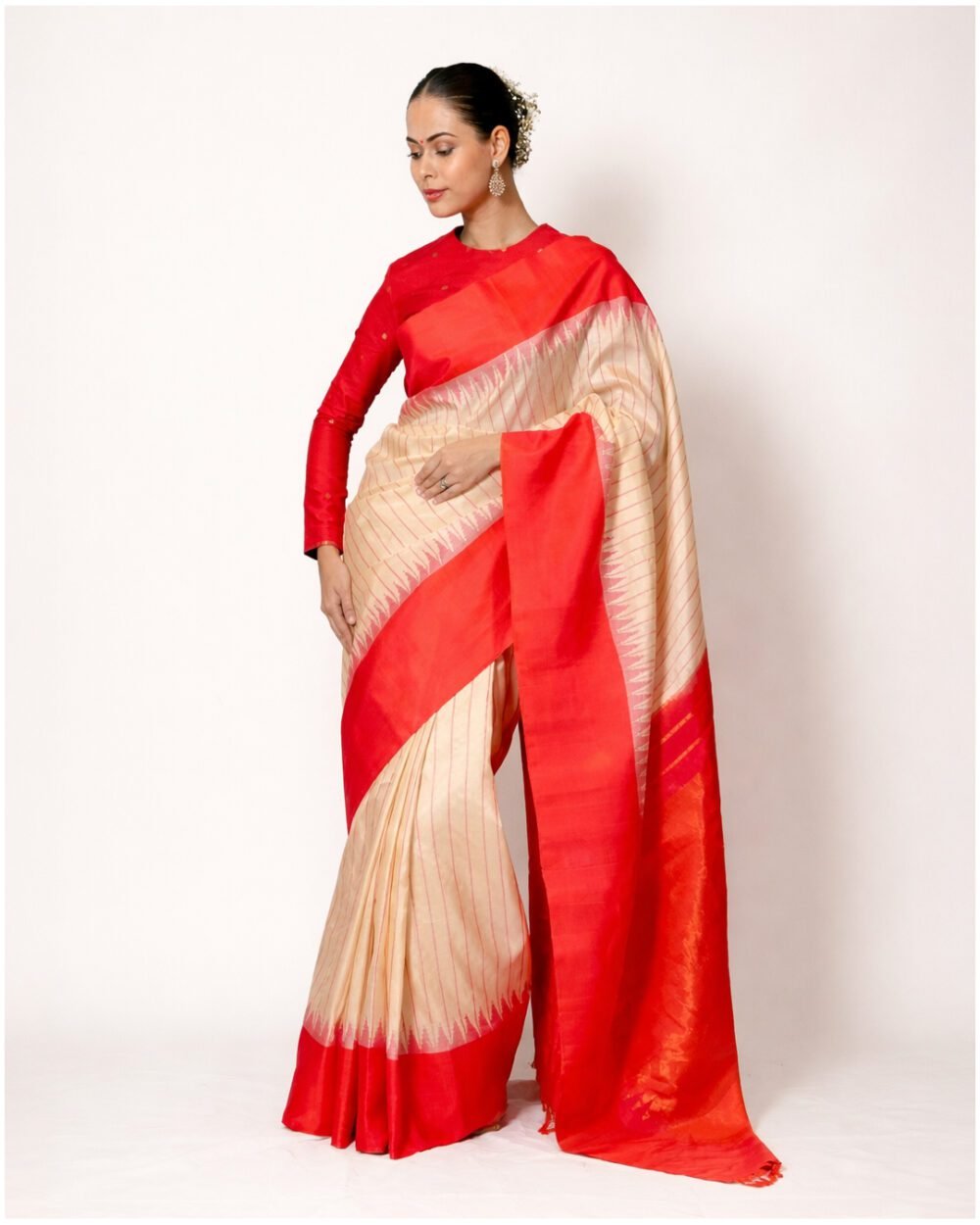 Cream & Crimson Temple Border Gadwal Silk Saree