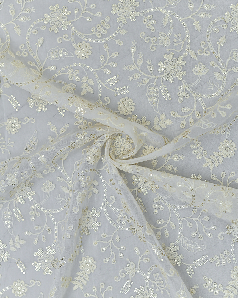 Off White Viscos Georgette Chikankari Fabric