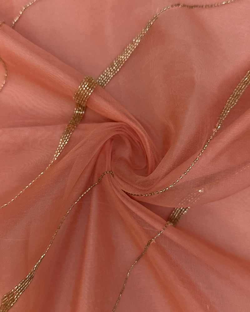 Peach Organza with Sequin Handwork Fabric