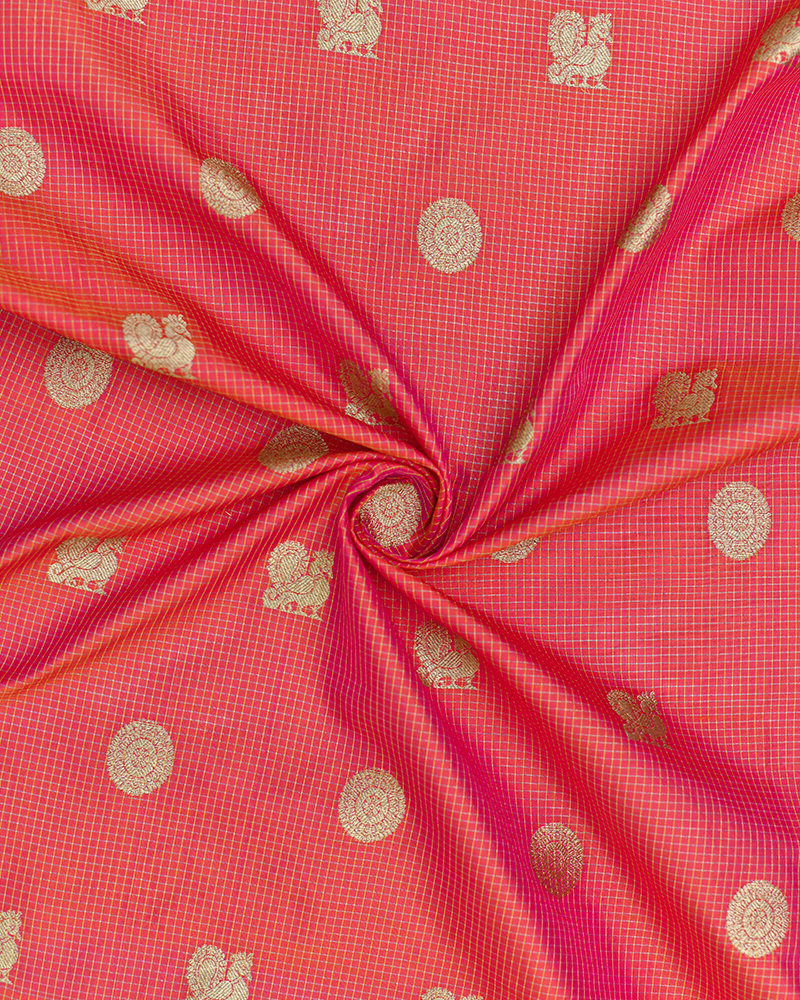 Coral Orange Zari Kattam Fabric