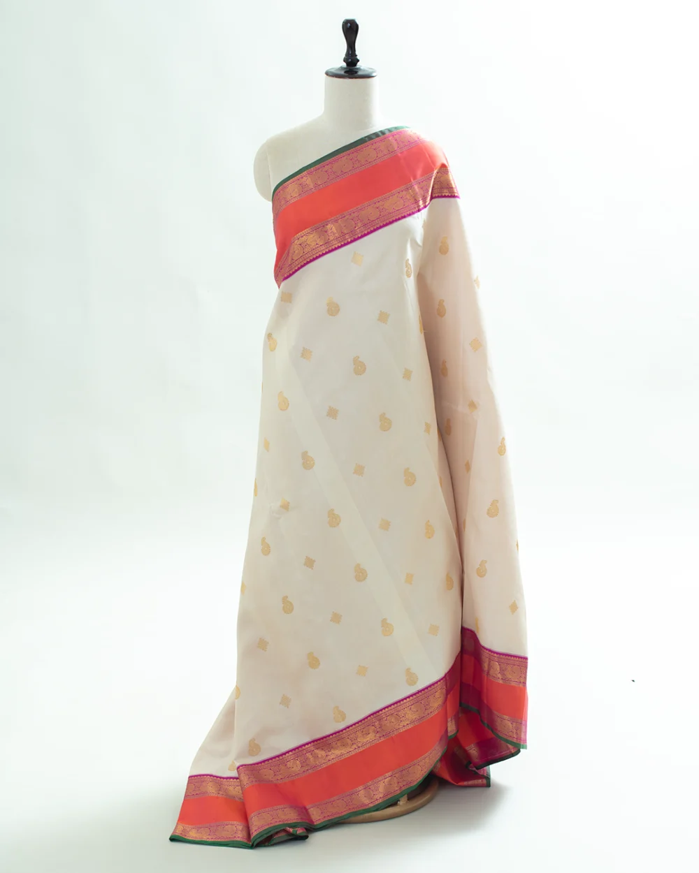 Ivory Cream & Pink Orange Kanjivaram Silk Saree