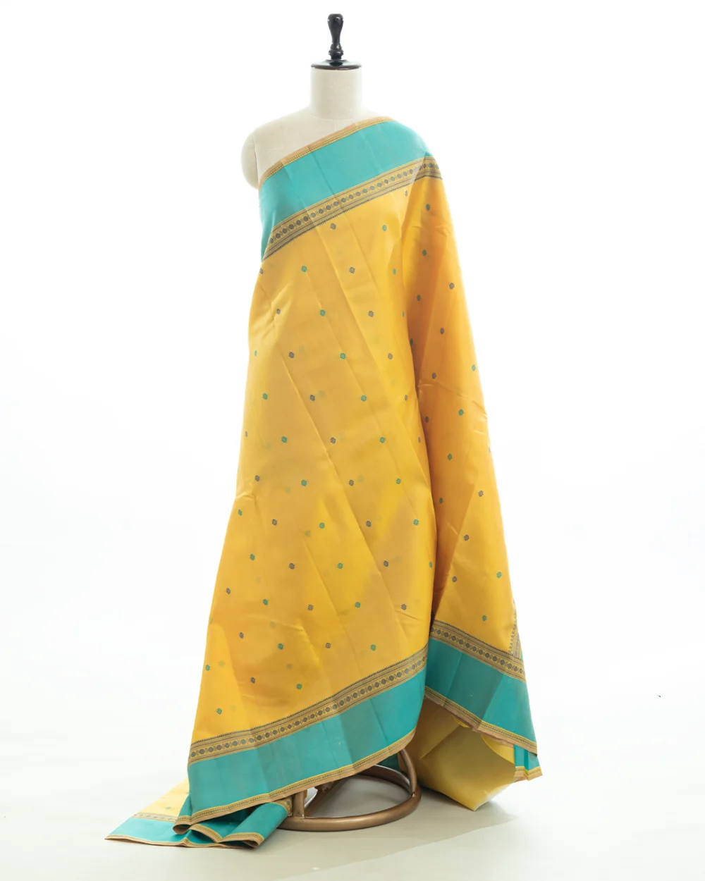 Bright Yellow & Turquoise Kanjivaram Silk Saree