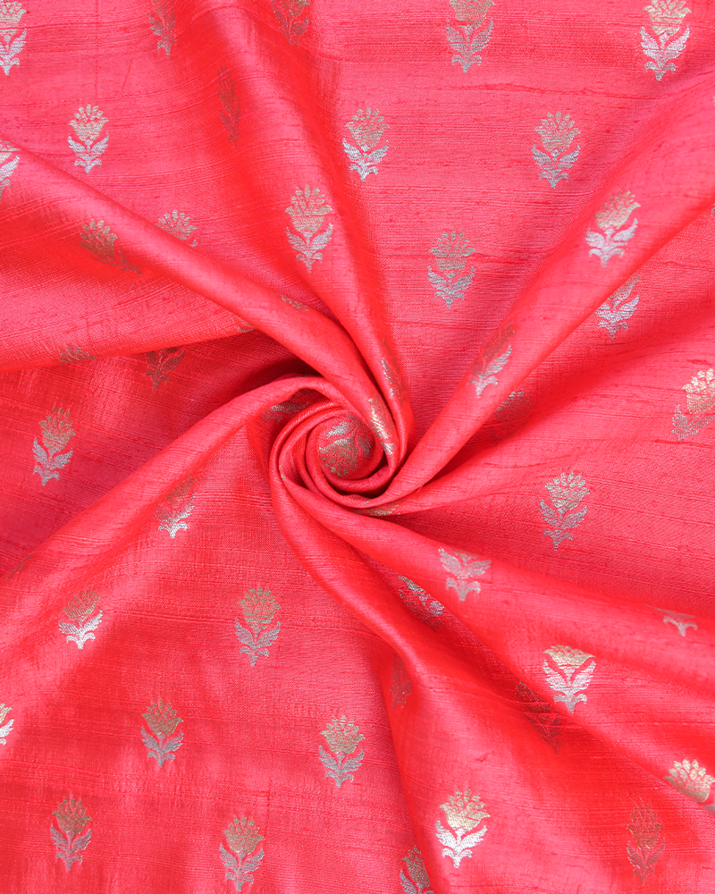 Coral Pink Zari Butta Rawsilk Fabric