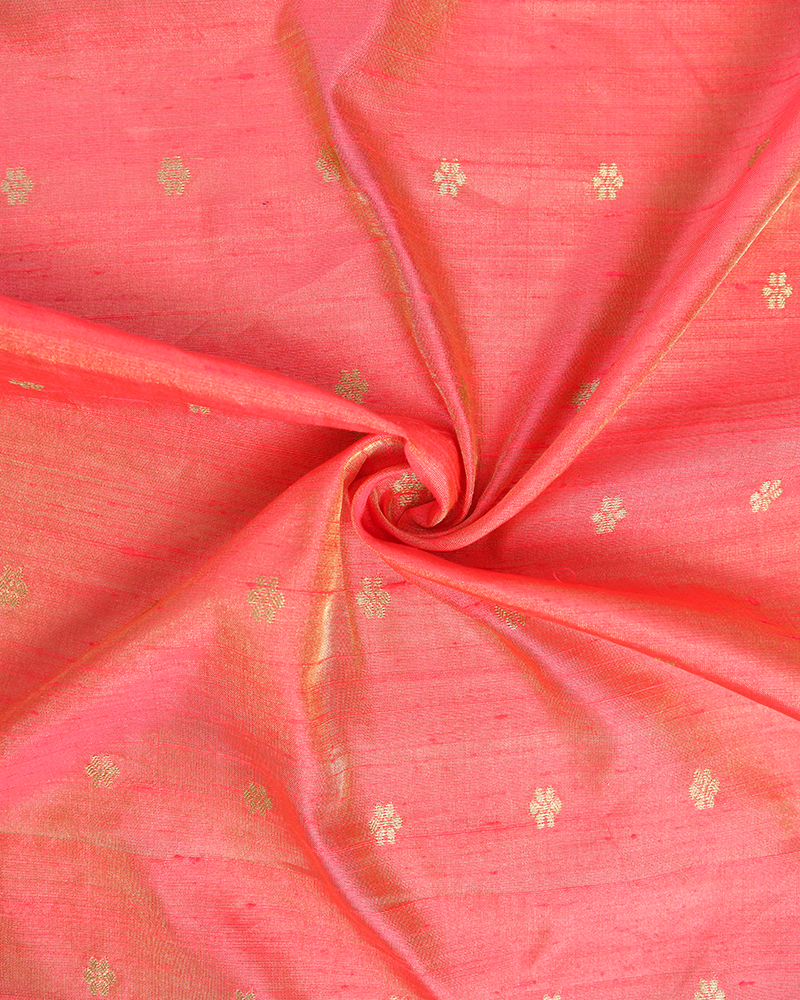 Coral Peach Zari Butta Rawsilk Tissue Fabric