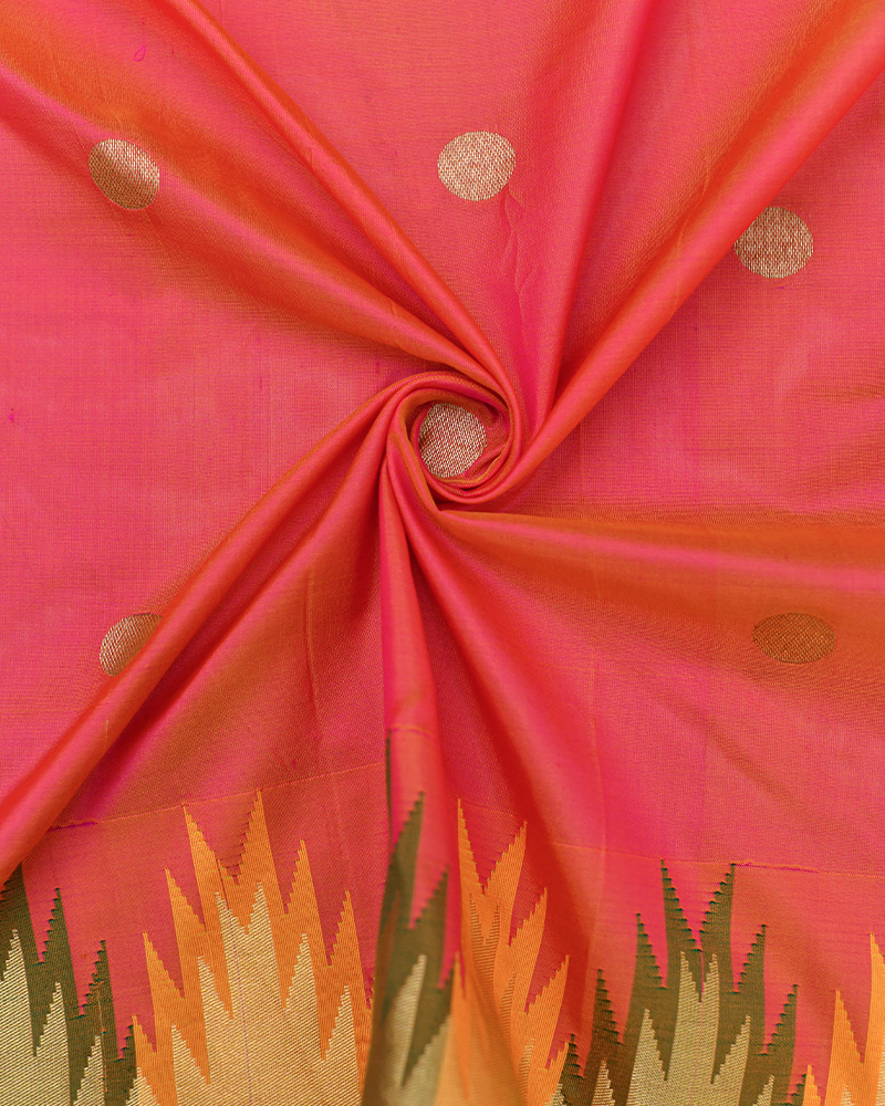 Coral- Orange Temple Kadiyal Zari Butta Silk