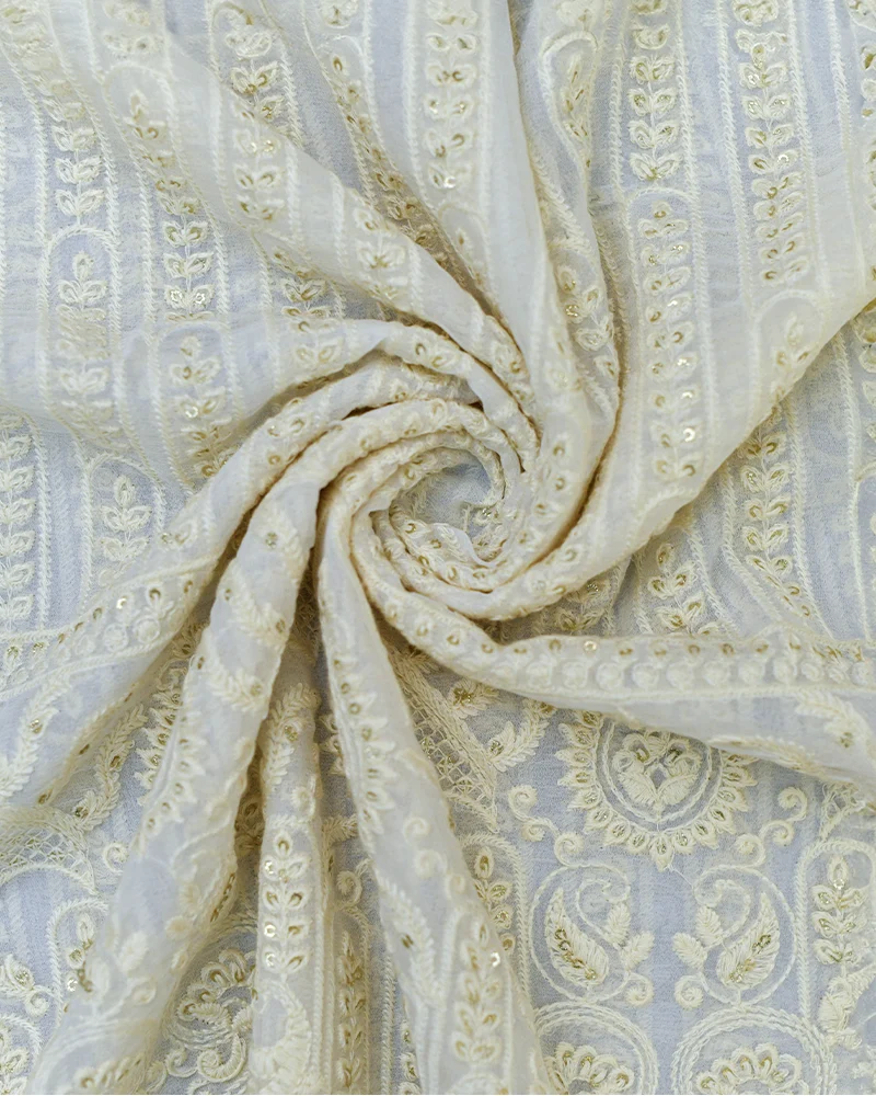 Off White Viscos Georgette Chikankari Fabric