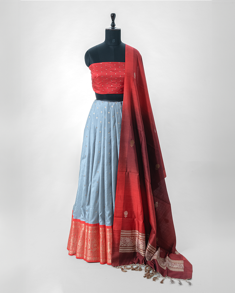 Light Grey Kanjivaram Lehanga Fabric