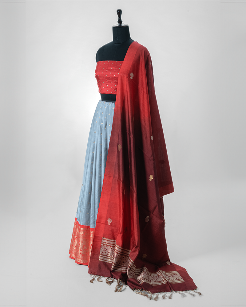 Light Grey Kanjivaram Lehanga Fabric - Image 3