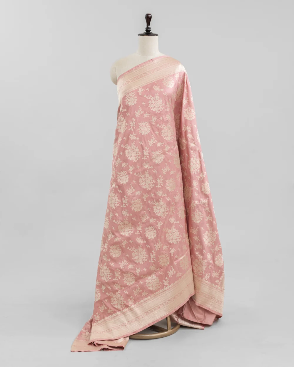Peach Rose Gold Floral Banarasi Silk