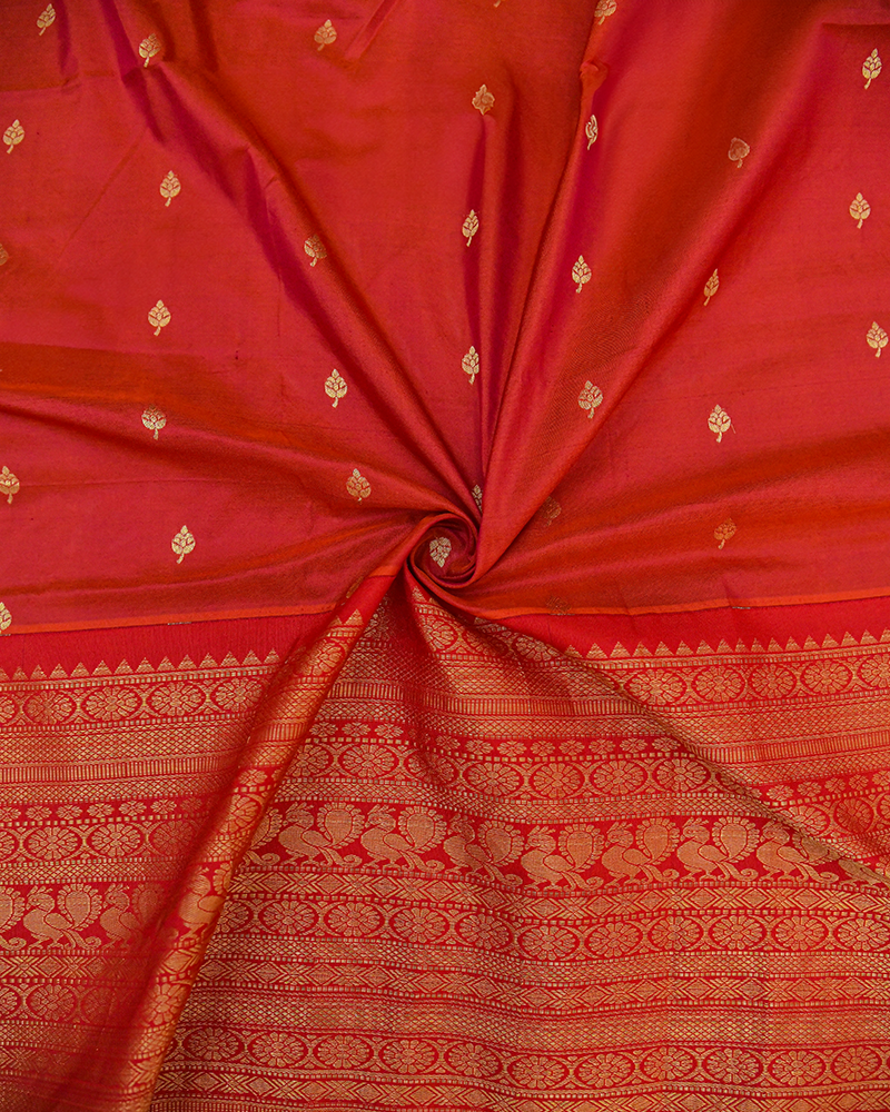 Tomato Red & Golden Kanjivaram Silk Lehanga Fabric
