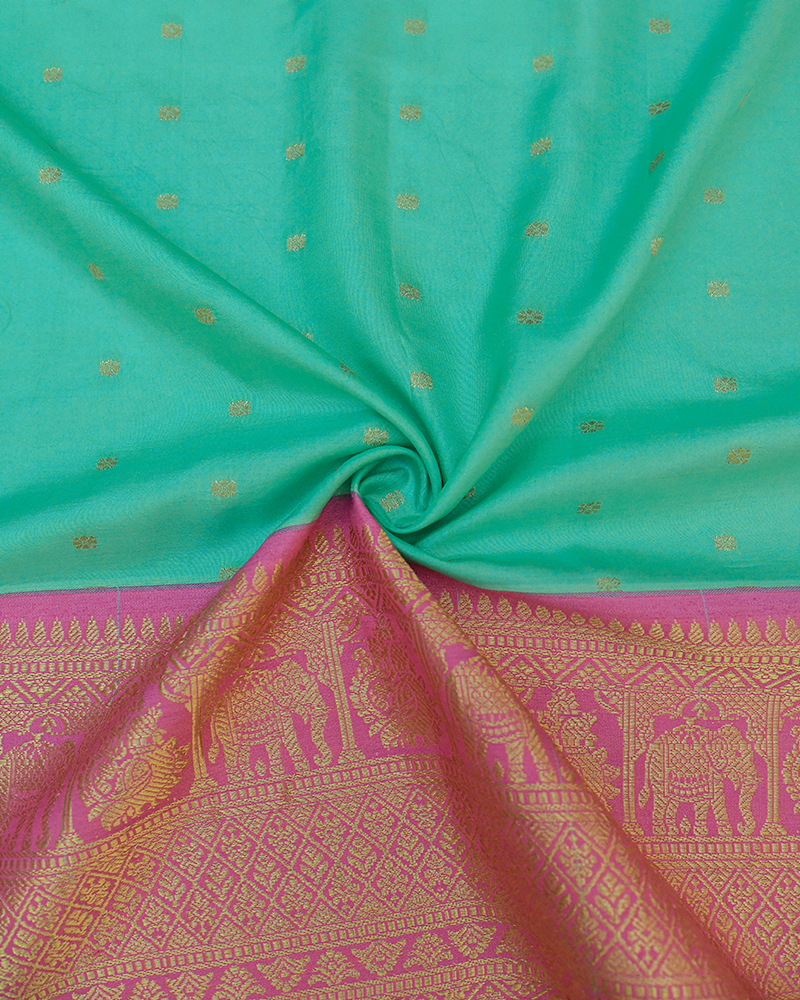 Seafoam Green & Power Pink Kanjivaram Silk Lehanga Fabric