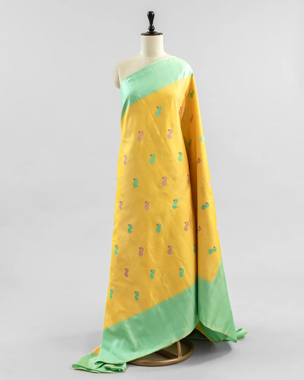 Pastel Yellow & Mint Green with Peacock Motifs Gadwal Silk Saree