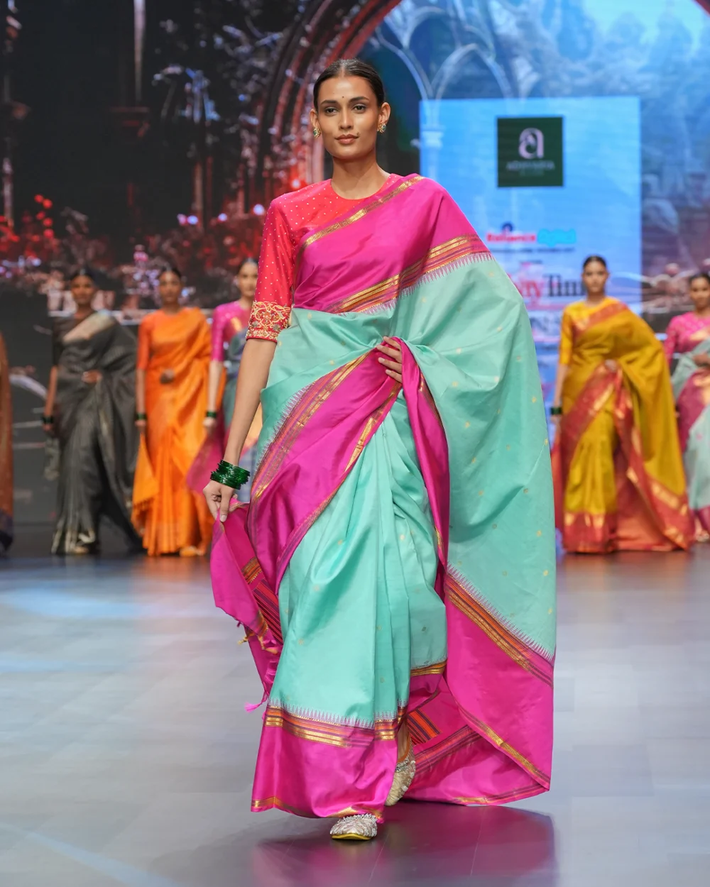 Aqua Blue & Pink Kanjivaram Handloom Silk Saree