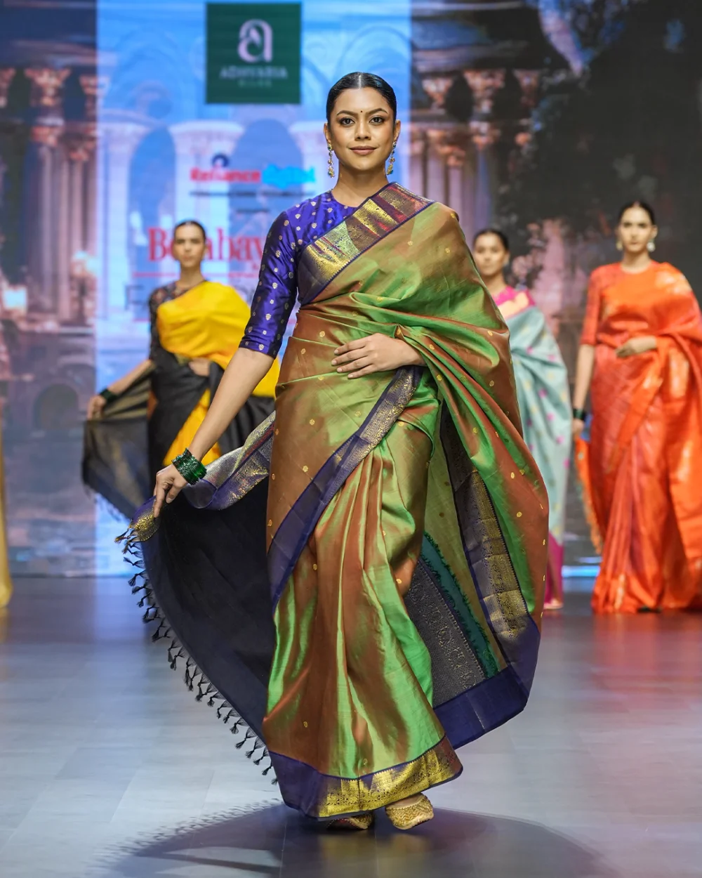 Parrot Green & Deep Royal Blue Kanjivaram Handloom Silk Saree