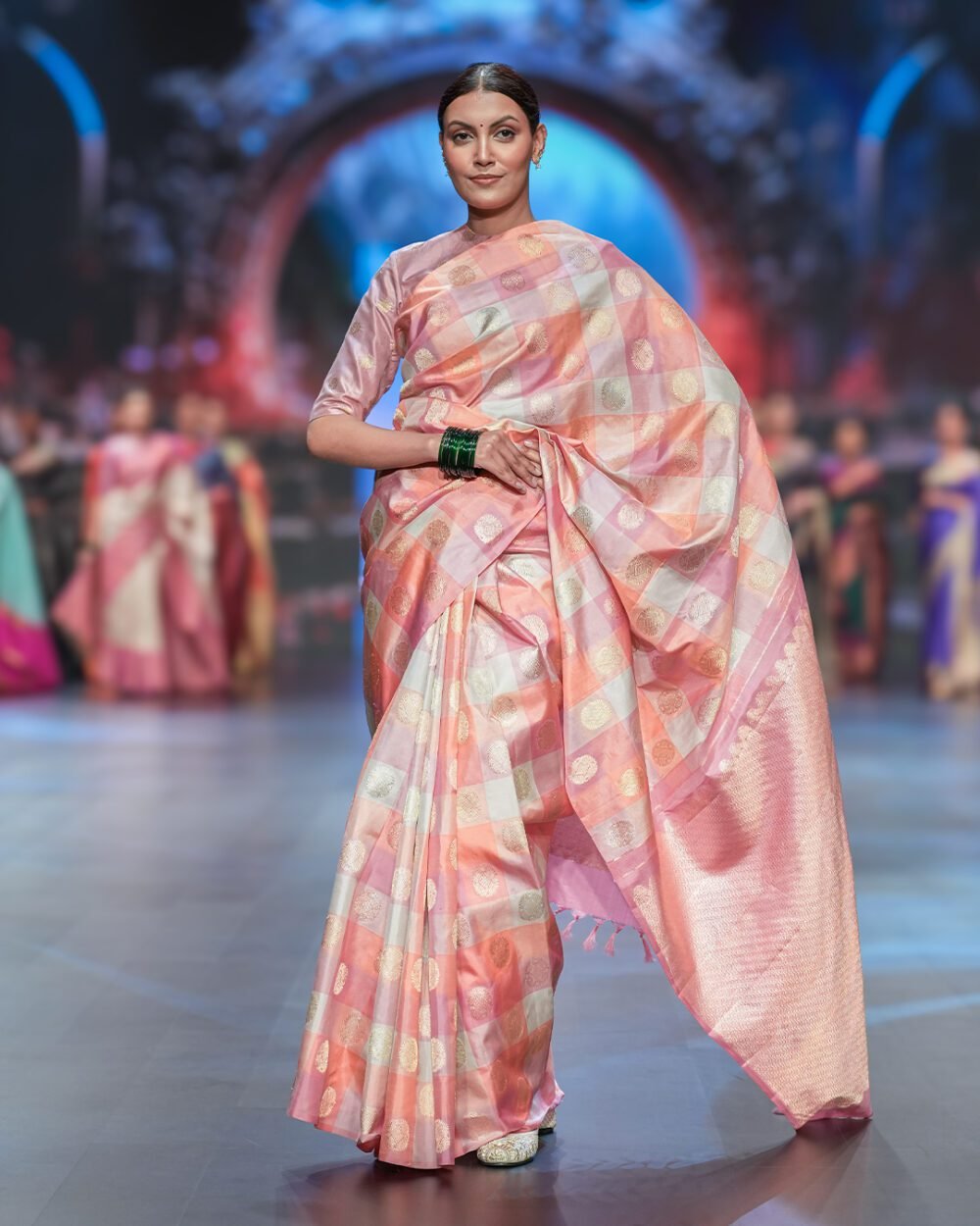 Peach Checks Kanjivaram Handloom Silk Saree