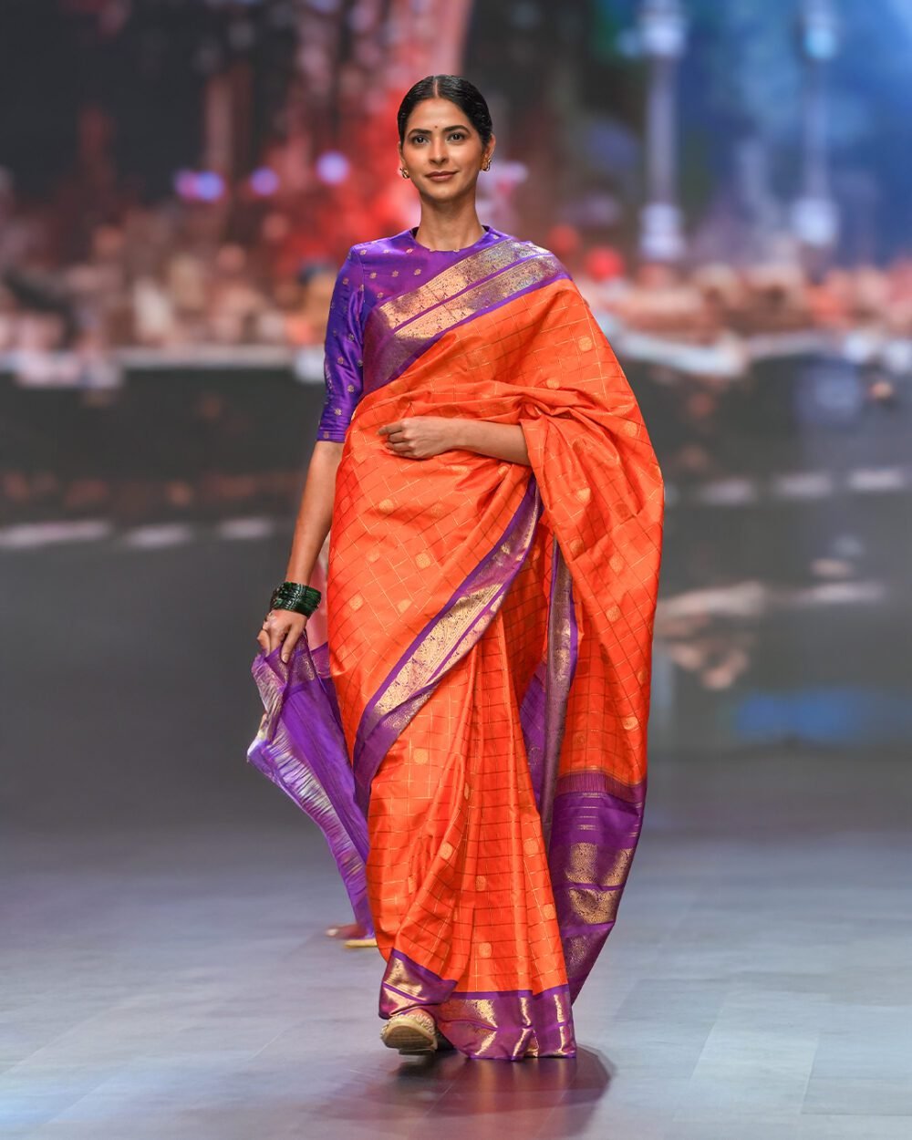 Orange & Purple Kanjivaram Handloom Silk Saree