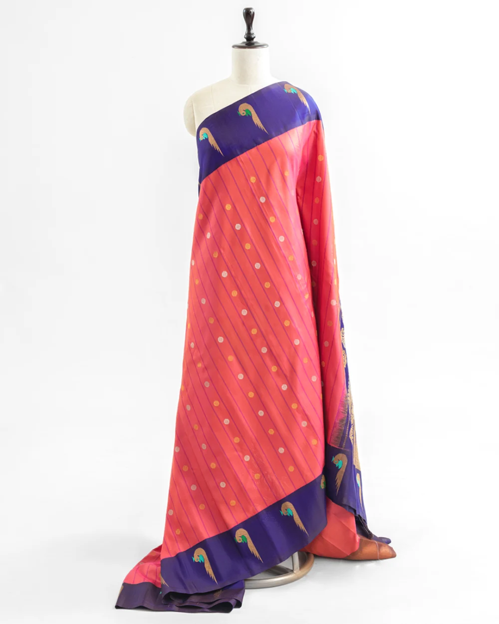 Coral Orange & Purple Silk Gadwal Saree
