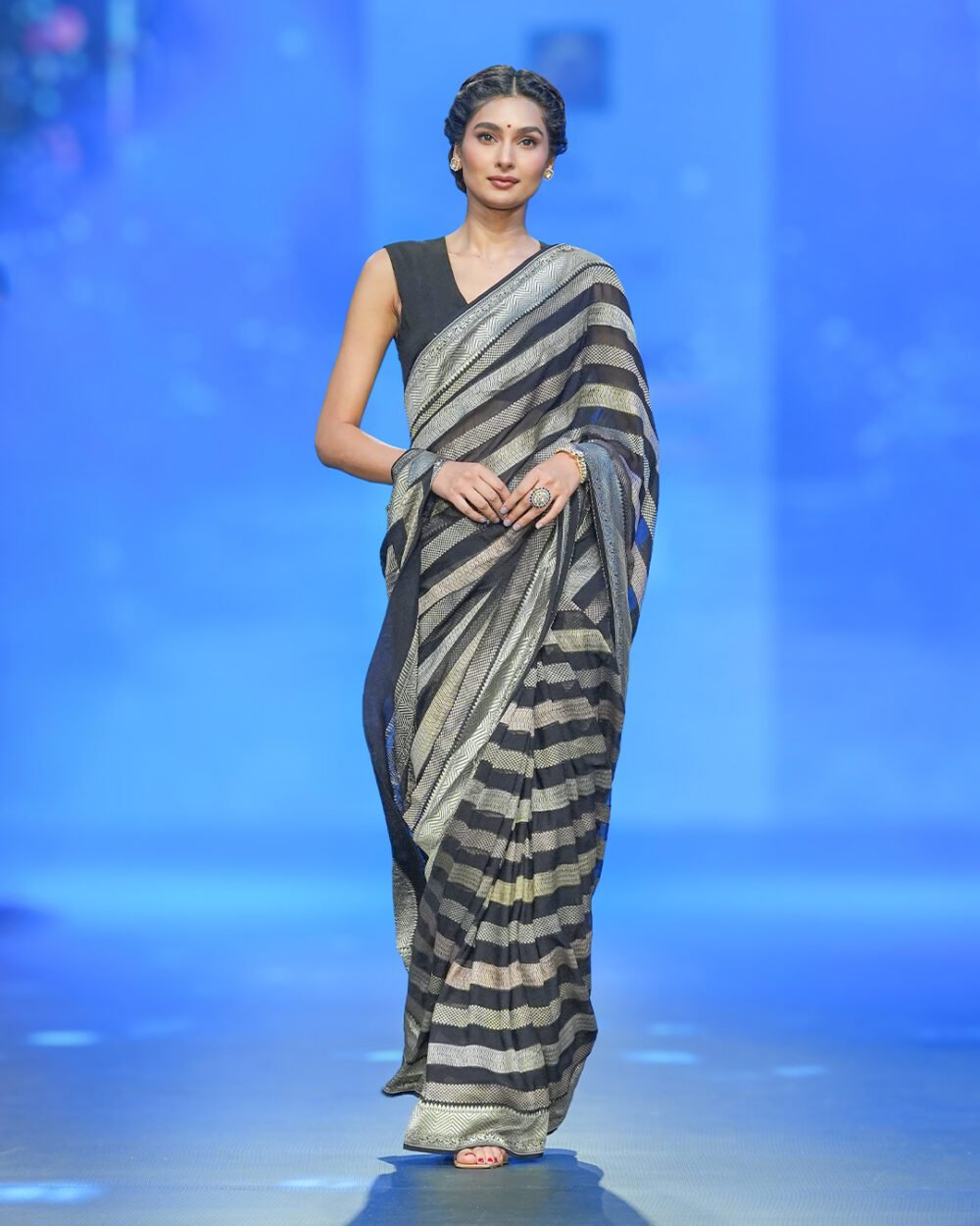 Black Stripes Georgette Banaras Saree