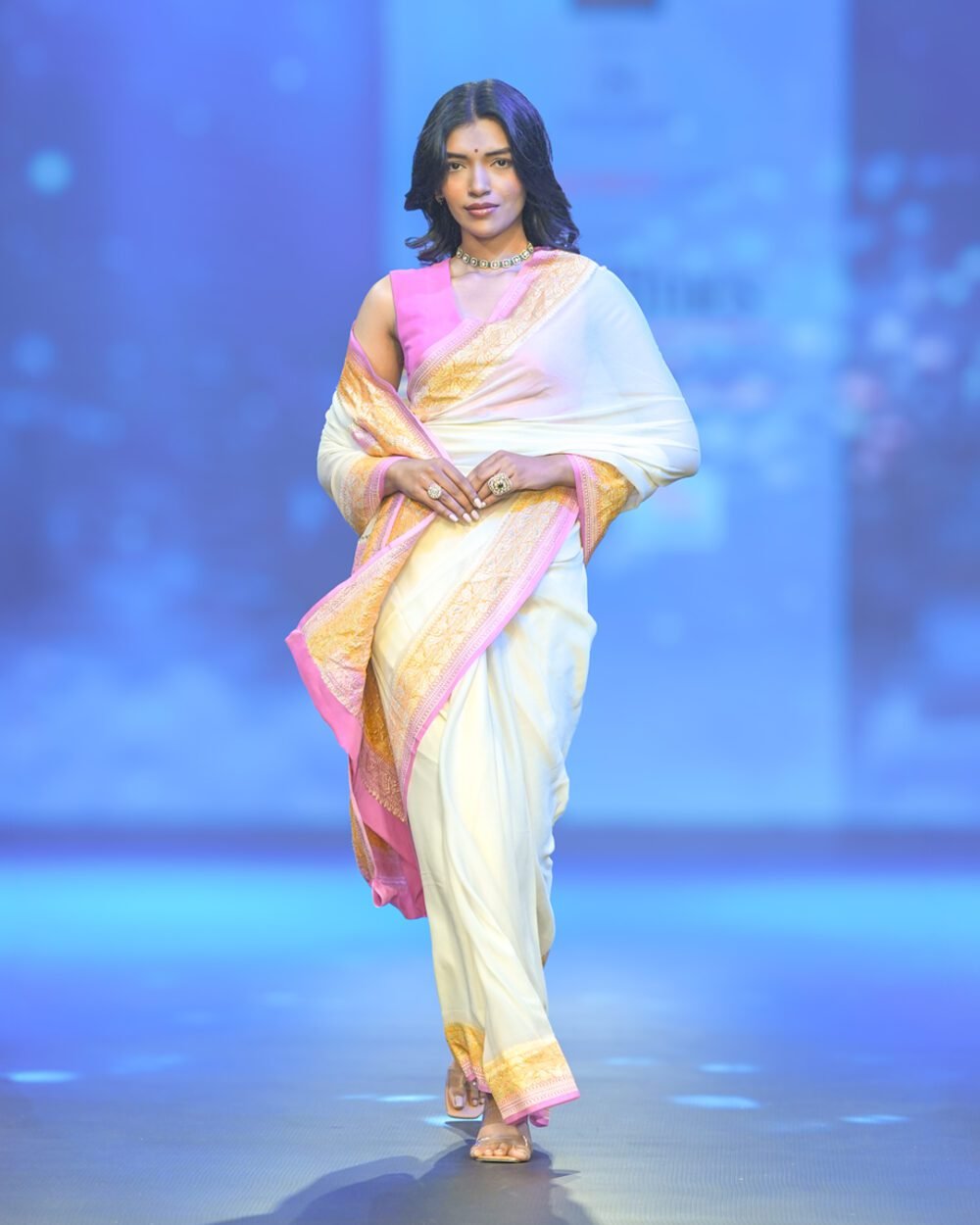 Ivory Georgette Banaras saree