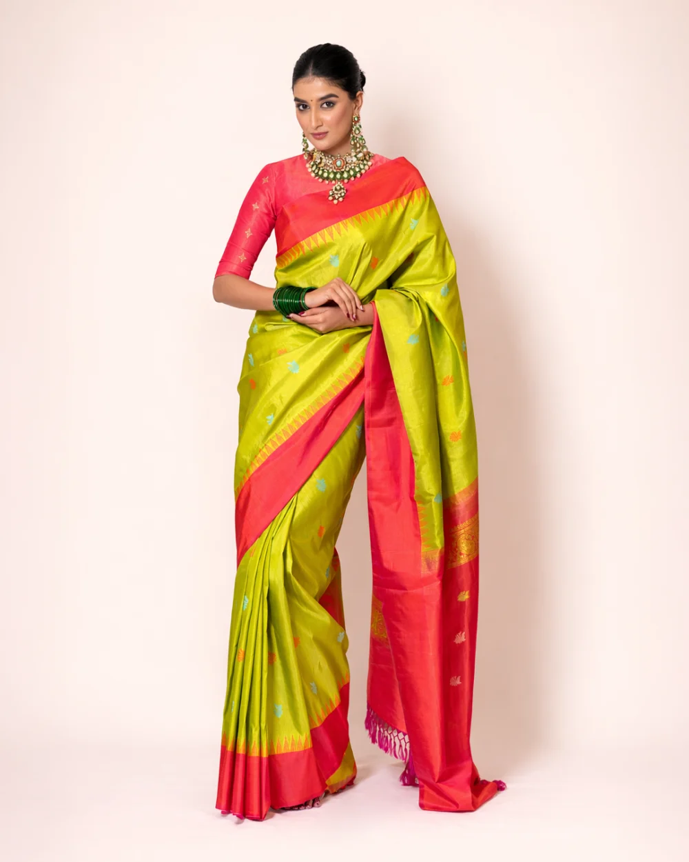 Lime Green & Pink Gadwal Silk Saree