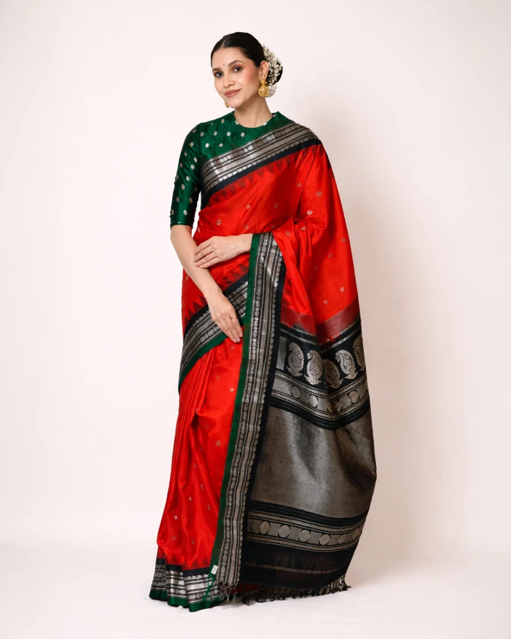 Vermilion Red & Black Gadwal Silk Saree