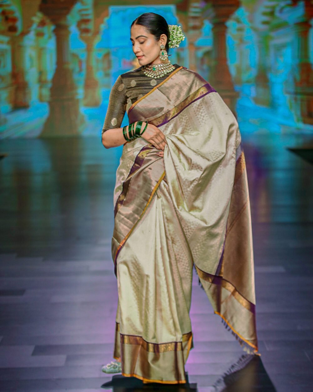 Beige & Deep Purple Kanjivaram Silk Saree